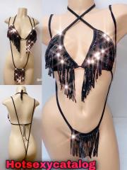 4021 2pc spandex Black Slingshot rhinestone set