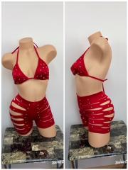 3024 2pc Spandex Red Rhinestone