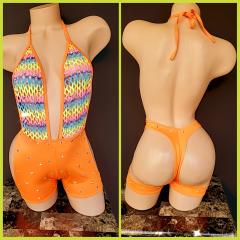 3079 1pc Spandex Orange Fishnet Rianbow Rhinestone