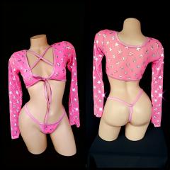 3085 2pc Mesh Hot Pink Star Prent