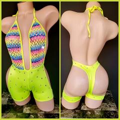 3079 1pc Spandex Neon Yellow Rhinestone