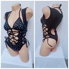 4076c 2pc Spandex BLACK Rhinestone O/S