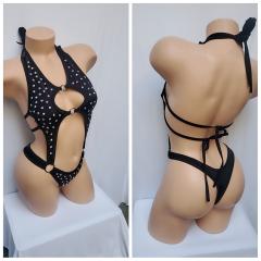 4076c 1pc spandex BLACK Rhinestone O/s