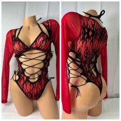 4081 1pc Fiery Glittered Red Long Sleeve O/S
