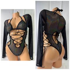 4081 2pc Mesh Glittered Black Long Sleeve O/S