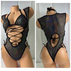 4081 2pc Mesh Glittered Black O/S