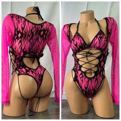 4081 2pc Spandex Fiery Glittered Hot Pink O/S
